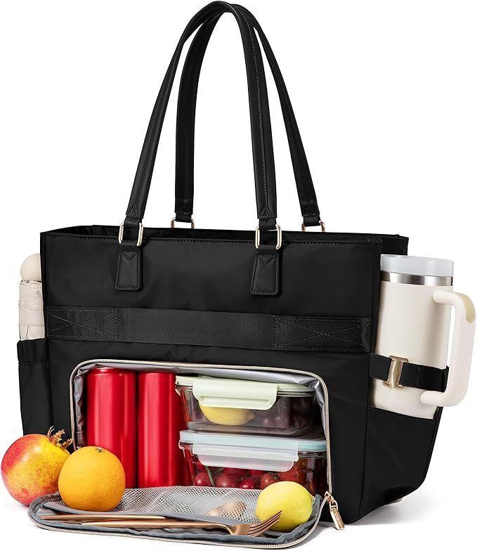 LOVEVOOK Lunch Tote Bag for Women, Work Bag 15.6 Inch Laptop Bag with Insulated Lunch Compartment & Cup Holder Large Capacity Lunch Bag for Teacher, Nurse, Office, Travel, College, Daily