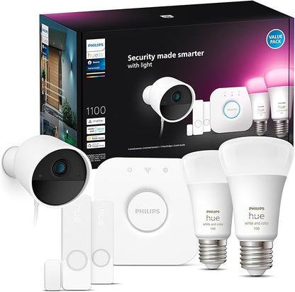 Philips Hue Secure Starter Kit with Bridge, Wired Security Camera, (2) Secure Contact Sensor, (2) 75W A19 Bulb, White & Color Ambiance, Works Security Center in Hue App