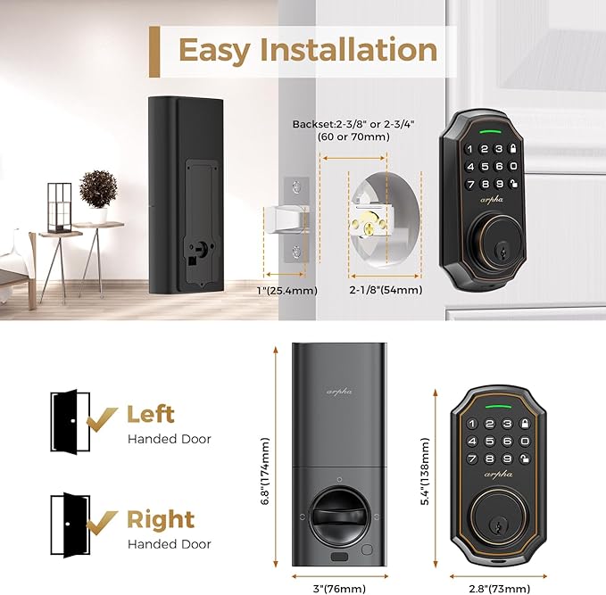 Arpha Keyless Entry Door Lock, WiFi Smart Keypad Front Door Deadbolt, Supports Amazon Alexa Voice Control, Google Assistant, Online App Control, Anti-Peeping Password, One-Time Code, Auto Lock