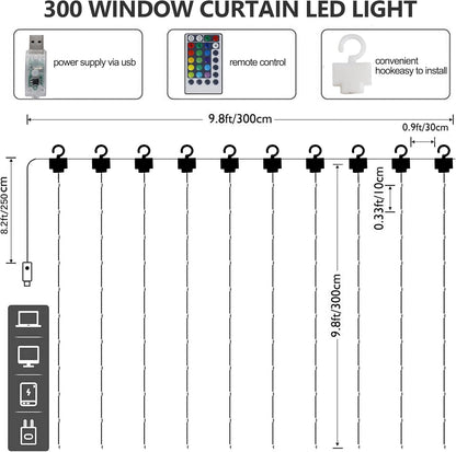 HOME LIGHTING Window Curtain String Lights, 300 LED RGB 16 Colors Changing Fairy Lights, 4 Modes with Remote, USB & Adapter Powered for Halloween Christmas Party Wedding Home Garden Wall Decorations