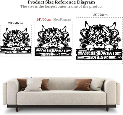 Personalized Highland Cow Name metal Signs,Custom Highland Cow Metal Shed Wall Decor,Black Metal Wall Art Plaques Outdoor wall Decorative Signage (Style D)