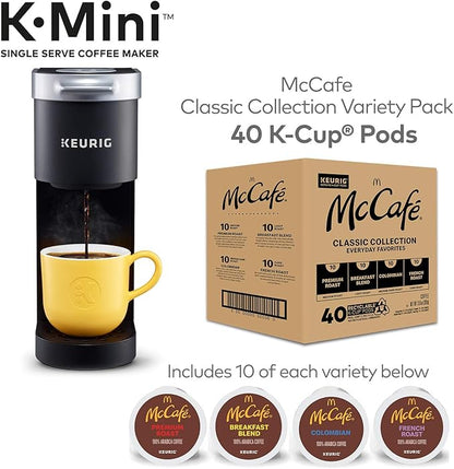 Keurig K-Mini Coffee Maker, Single Serve K-Cup Pod Coffee Brewer, Black with McCafe Classic Collection Variety Pack K-Cup Coffee Pods, 40 Count