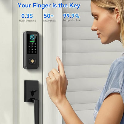 Fingerprint Smart Door Lock with Handle Set, Keyless Entry Door Lock with Keypad,5-in-1 Deadbolt,Bluetooth Deadbolt with Auto Lock,Black
