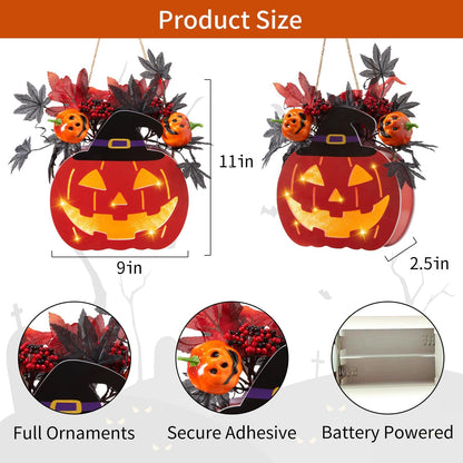 Halloween Door Decorations, Halloween Wreath Decorations Double-Sided Pumpkin with Timer Function, Light up Jack O Lantern for Front Door Window Wall Outside Decor, Battery Operated, 11 Inch