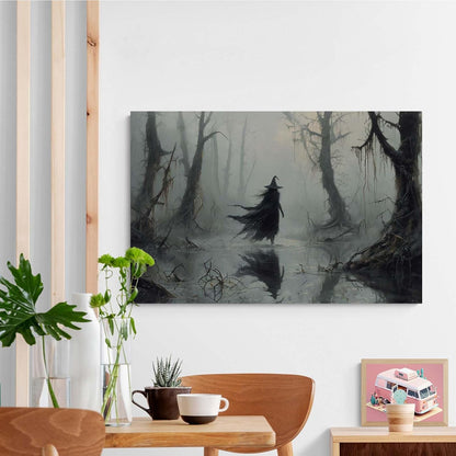 Vintage rustic swamp witch poster dark moody wall art gothic horror season halloween print for home decor retro dark moody painting20x30in Wood Framed