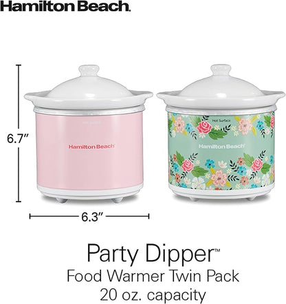 Hamilton Beach Party Dipper Electric Food Warmer Twin Pack, Great for Entertaining and Gifts, 20 oz. Capacity, For Desserts, Dips, Sauces, Cheeses, Solid Pink and Colorful Floral Print (33102)