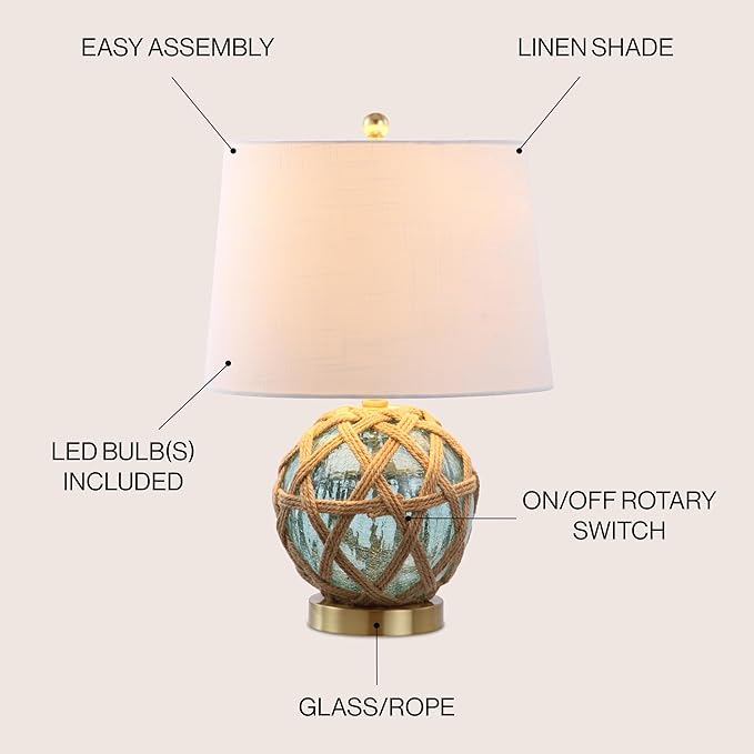 JONATHAN Y 21.5" Aqua Glass and Brown Rope Nautical Table Lamp, Coastal Transitional Bedside Lamp with White Linen Drum Shade for Living Room, LED Bulb Included JYL1085A