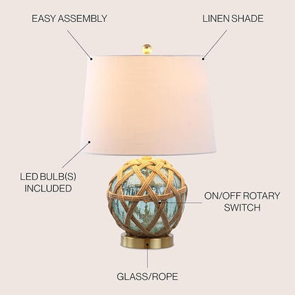 JONATHAN Y 21.5" Aqua Glass and Brown Rope Nautical Table Lamp, Coastal Transitional Bedside Lamp with White Linen Drum Shade for Living Room, LED Bulb Included JYL1085A