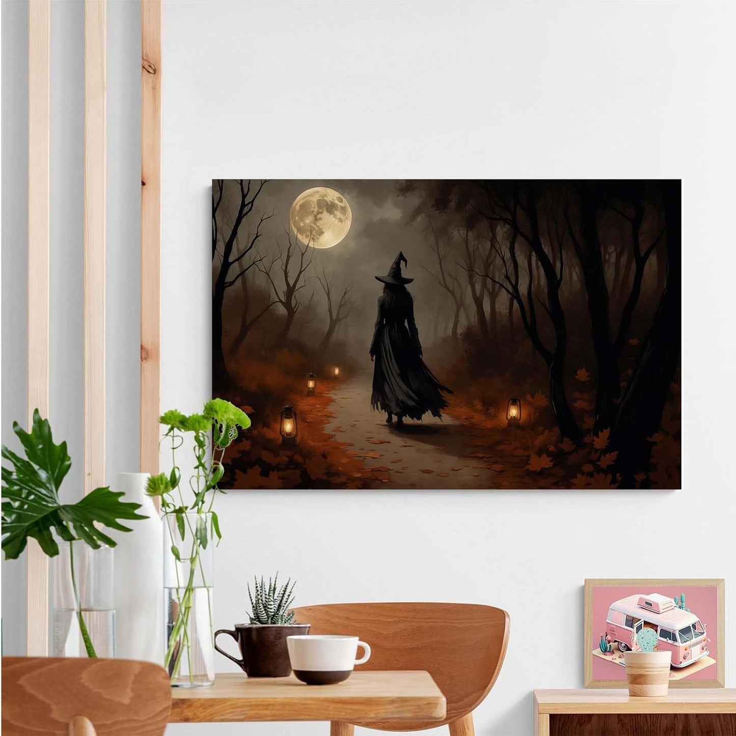 JFHCQJPK Moonlight witch poster dim lantern Halloween decoration Gothic style dark retro college style canvas wall art suitable for living room bedroom12x16in Frameless