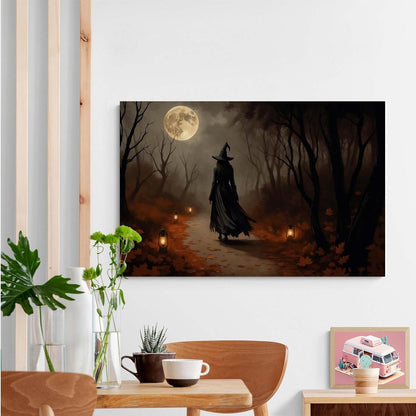 Moonlight witch poster dim lantern Halloween decoration Gothic style dark retro college style canvas wall art suitable for living room bedroom12x16in Wood Framed