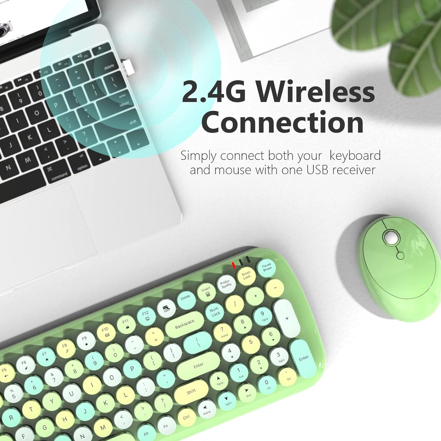 KNOWSQT Wireless Keyboard and Mouse Combo, Light Green 100 Keys 2.4 GHz Round Keycap Typewriter Cute Keyboards, USB Receiver Plug and Play, for Windows, PC, Laptop, Computer, Desktop