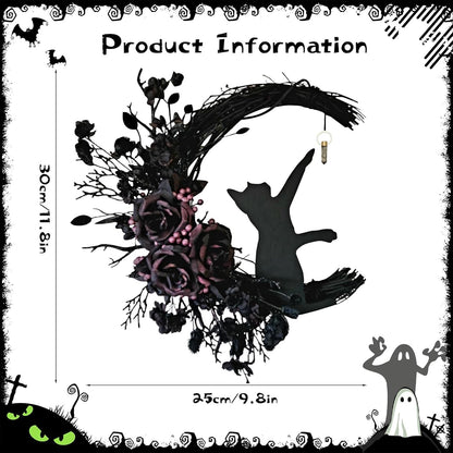Halloween Wreaths for Front Door with Light, Black Cat on Moon Garland with Rose Wreath Decor, Halloween Decorations Crescent Moon Wreath for Home Party Window Wall Indoor Outdoor (black flower)
