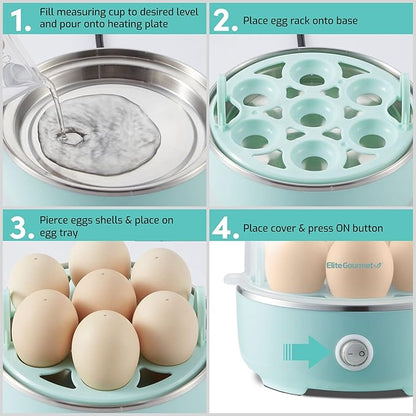 Elite Gourmet EGC115M Easy Egg Cooker Electric 7-Egg Capacity, Soft, Medium, Hard-Boiled Egg Cooker with Auto Shut-Off, Measuring Cup Included, BPA Free, Retro Mint