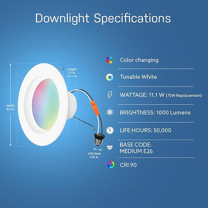 Feit Electric Smart Recessed Light, Fits Most 5-6" Can Housing, Works with Alexa or Google Assistant, Dimmable, 75W Equiv, 1000 Lumens, 2.4GHz WiFi Color Changing Downlight, LEDR6/RGBW/AG/2/4, 8 Pack