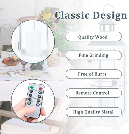 Bdor 26in Farmhouse White IP65 Waterproof Wood Metal Decorative Lanterns with Remote Control, Timer, Tempered Glass, Flameless Pillar Candles, Decorative Lanterns for Home Decor, Front Porch, Wedding