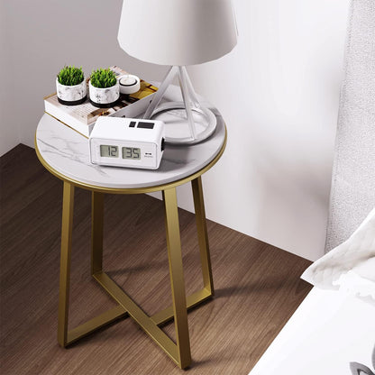 Round End Tables, Small Side Table White Marble Texture MDF Top,Metal Frame Gold Color, Tall End Table for Bed Room,Coffee Tea End Table for Living Room (White Marble+Gold)