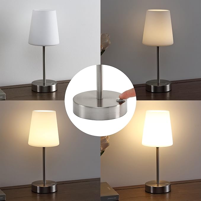 JONATHAN Y 12.75" Nickel Modern Rechargeable Cordless LED Table Lamp, Mini Portable Dimmable Touch Accent Lamp for Bedroom Vanity with Frosted White Glass Shade JYL7110A