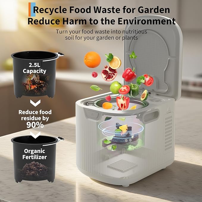 2.5L Fully Automatic Kitchen Compost Bin,Indoor Electric Food Waste Recycler with One-Click Cleaning & LED Display,Fast Fermentation to Organic Fertilizer,Eco-Friendly Countertop Composter
