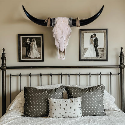 XOUXYJUN 31inch Cow Skull Wall Decor, Long Horn Wall Hanging Decor,Wall Hanging Faux Longhorn Skull Faux Taxidermy Animal Head, Handmade Decor Home Sculpture Faux Bull Horns for Wall (Black)