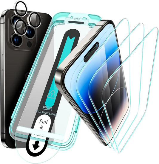 ESR for iPhone 14 Pro Screen Protector Set, 3 Tempered-Glass Screen Protectors and 1 Set of Camera Lens Protectors, Smooth Rounded Edges, Full-Coverage Military-Grade Protection, Scratch Resistant