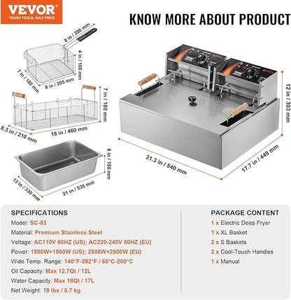 VEVOR Commercial Deep Fryer, 3000W Electric Turkey Fryer with 3 Removable Baskets, Large Capacity 18Qt / 17L Stainless Steel Countertop Single Oil Fryer, for Kitchen Restaurant Use, Silver