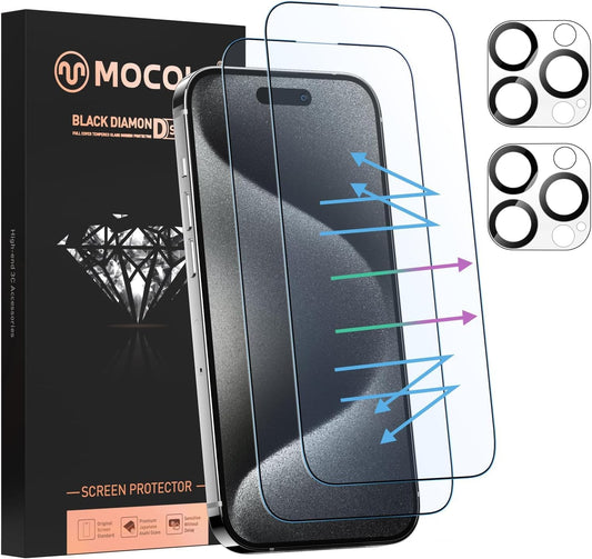 MOCOLL for iPhone 15 Pro Screen Protector Blue Light [6.1"] with Camera Lens Protector,【 Eye Protection】Anti Blue Light Tempered Glass for 15 Pro Screen Protector (2+2 Packs)