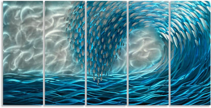 Yihui Arts Hand Crafted Blue Sea Wave 3D Metal Wall Art - Coastal 5 Panel Aluminum Sculpture for Big Abstract Office, Hallway, Fireplace, and Home Decor