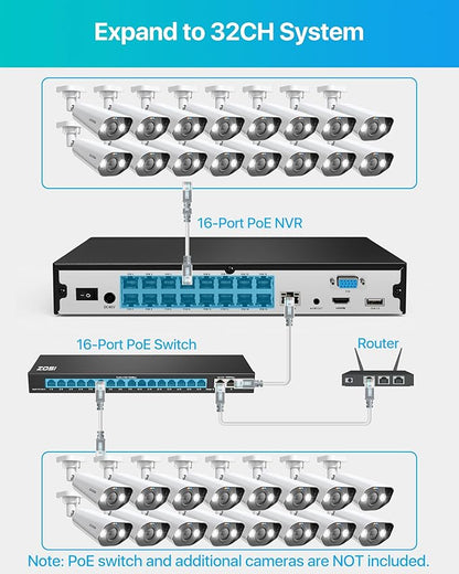 ZOSI 16CH 4K PoE Security Camera System with 2-Way Audio, 12pcs 8MP Outdoor Indoor Metal IP Cameras, AI Person Vehicle Detection, Color Night Vision, 16Port 32CH NVR with 4TB HDD for 24/7 Recording