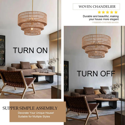 4-Light Boho Rattan Chandelier Light Fixture 17.7" 3-Tier Farmhouse Boho Chandelier Hand Woven Rattan Pendant Light Rustic