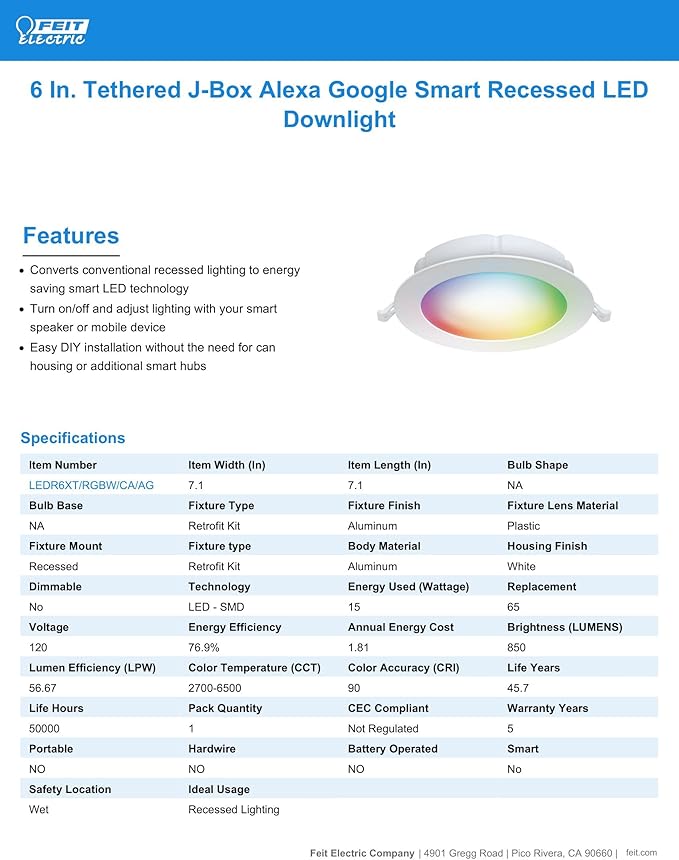 Feit Electric 6" Smart LED Canless Recessed Downlight, 65W EQ, Dimmable, Wifi Enabled, Compatible with Alexa and Google Home Asst, Color Changing, 90 CRI, 850 Lumens