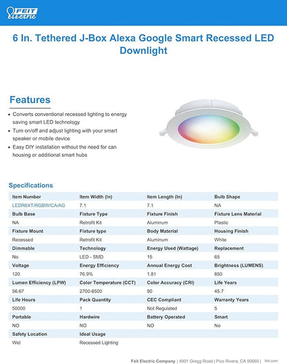 Feit Electric 6" Smart LED Canless Recessed Downlight, 65W EQ, Dimmable, Wifi Enabled, Compatible with Alexa and Google Home Asst, Color Changing, 90 CRI, 850 Lumens