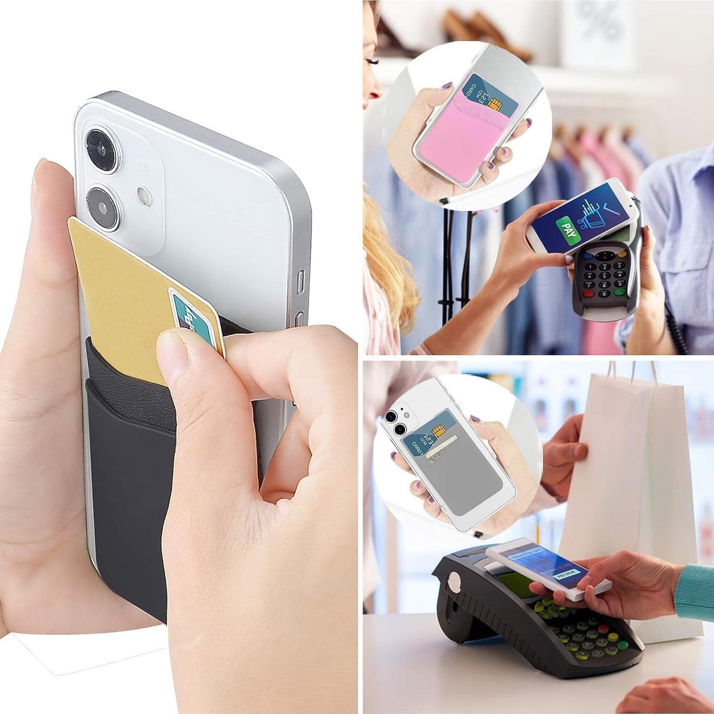 SS Phone Wallet, Phone Card Holder Pocket Pouch Stick on for Phone Cases Silicone Double Pockets Suitable for iPhone, Android, Samsung Galaxy 3 Pack