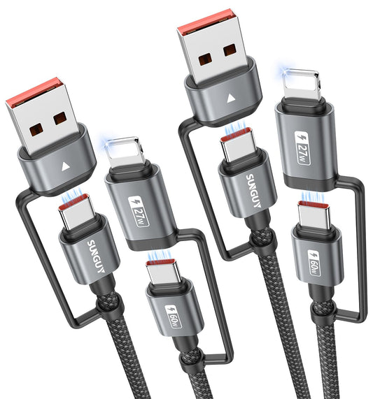 SUNGUY 4 in 1 Charging Cable 6FT [2 Pack], 60W Multi Charging Cable, USB-C/A to Lighting/C Cord for iPhone 16/15/14 Pro/iPad/MacBook/Samsung Galaxy S25/S24/Tablets