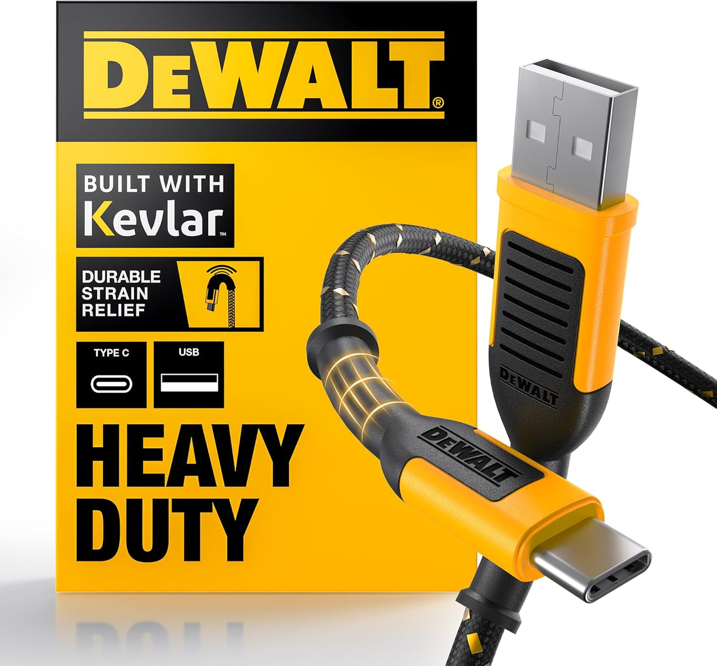 DEWALT Heavy Duty USB C Cable, Premium Braided Nylon USB A to Type C Charger Cable Fast Charging for iPhone 16 Series, iPhone 15 Series, Samsung Galaxy S10 S10+ / Note 9, LG V30 (USB 2.0, Black)