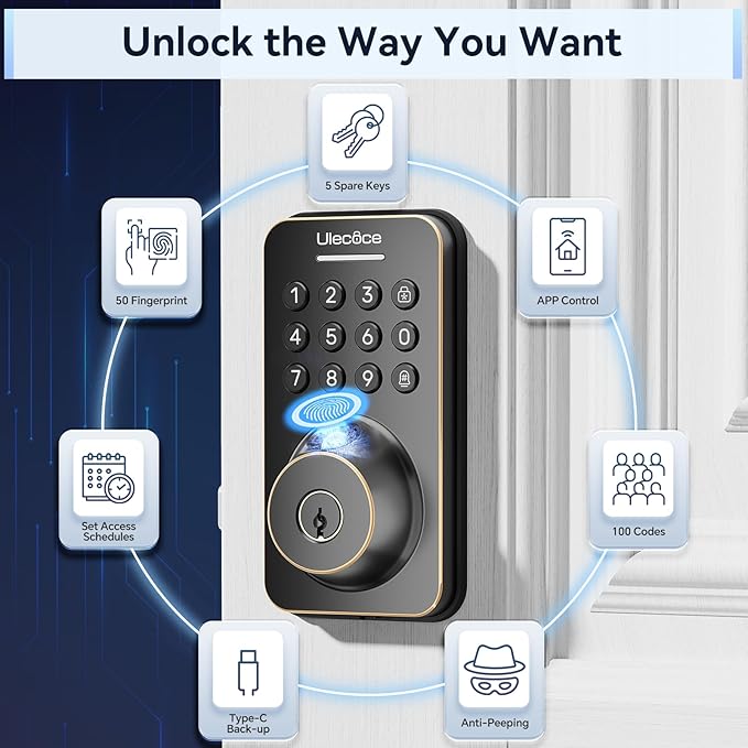 Fingerprint Keypad Deadbolt with Handle Set, Keyless Entry Door Lock, Door Locks for Front Door Lock Set, App Control, Auto Locking, Easy to Install, Oil Rubbed Bronze