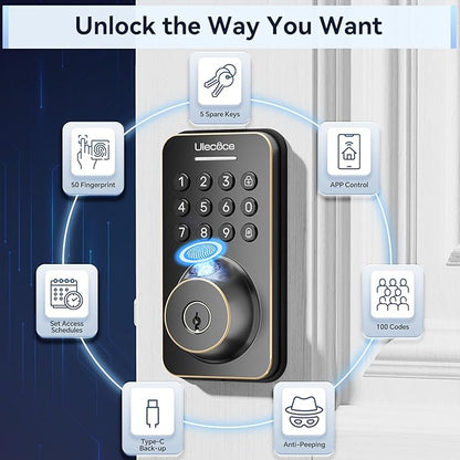 Fingerprint Keypad Deadbolt with Handle Set, Keyless Entry Door Lock, Door Locks for Front Door Lock Set, App Control, Auto Locking, Easy to Install, Oil Rubbed Bronze