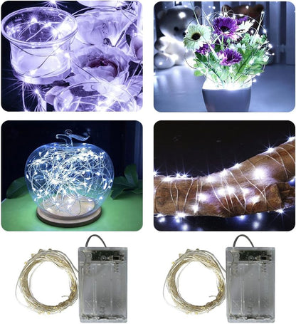 2 x20LEDs Fairy Lights Battery Operated, Silver Wire 2 Mode Chains String Lights for Bedroom Christmas Party Decoration (Cool White, 6.6)