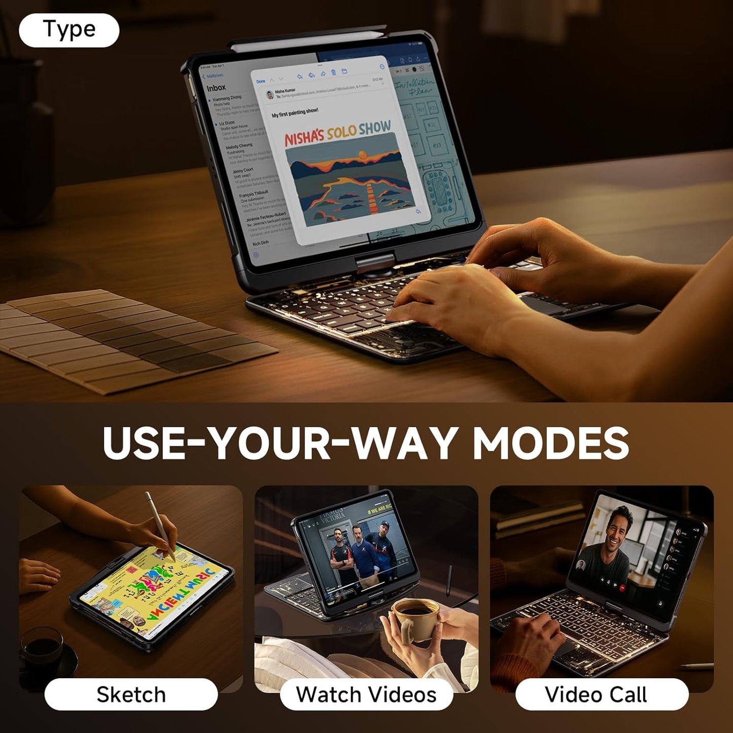 Transparent Case with Keyboard for iPad 11th Gen 11 Inch.(A16, 2025) & 2022 iPad 10th Gen 10.9 Inch,7-Color Backlit,Wireless Keyboard, 360°Rotating,with trackpad,Pencil Holder,with Shortcuts,black