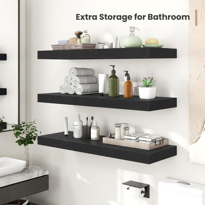 Heimlove 12 Inch Deep Floating Shelves, 48 x 12 inches Long Wall Shelf, Large Display Shelf & Storage Shelf, Rustic Wood Wall Shelves for Fireplace Mantel, Set of 2(Black)