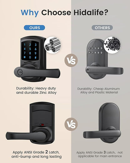 Hidalife Keyless Entry Door Lock, Smart Locks for Front Door, Keypad Door Knob with Handle, Touchscreen, One-Touch Toggle for Passage Mode, Matte Black