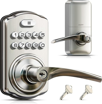Veise Keypad Door Lock with Handle, Keyless Entry for Front Door & Bedroom, Electronic Lock with Code, Auto-Locking, Easy Installation, Passage Mode, Satin Nickel
