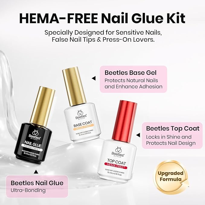 Beetles 3Pcs 15ml HEMA-Free Nail Glue Top Coat & Base Gel Set, TPO Free No Wipe Top Coat Base Nail Glue Gel for False Nails, Shine Effect Long Lasting Nail Extension DIY Salon Home, U V Light Required