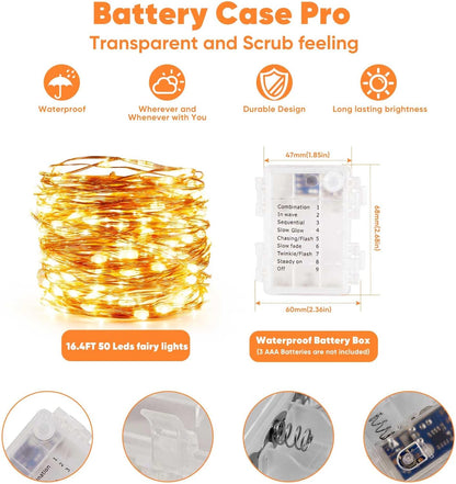 2 Pack 16.4 Ft. Battery Operated Outdoor String Lights with Remote & Timer, LED Warm White Fairy Lights, Waterproof Twinkle Lights for Bedroom, Dorm, Mason Jar, Wedding, Party, Christmas