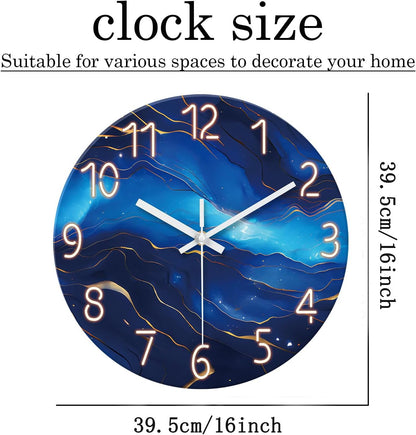 Glass Blue Wall Clocks Battery Operated 16 Inch Marble Pattern Big Clock for Office Abstract Silent Wall Clock Non Ticking
