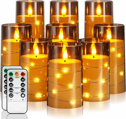 Homemory 9 Pcs Flameless Candles with Embedded Star String Fairy Lights, Battery Operated Candles, LED Fake Candles with Remote Control and Timer, Gray Acrylic