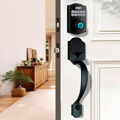 Keypad & Fingerprint Keyless Entry Front Door Lock with Handle Set, Digital Electronic Deadbolt Code Lock for Exterior Door, Auto Lock, One Time Code, Anti Peeping, Holiday & Silent Mode