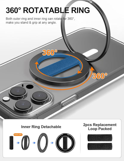 EWA MagOne Ultra Phone Grip Stand with Replaceable Elastic Finger Loop, Removable Magnetic Ring Holder Kickstand Loop, Double-Sided Magnetic Accessories for iPhone 16, 15, 14, 13 Pro/Max/Plus-Black