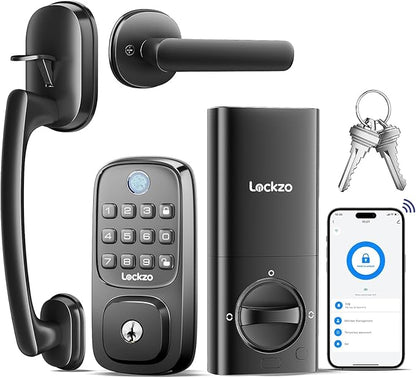 Smart Door Lock with Handle, Keyless Entry Door Lock Deadbolt Handle Set, Built-in WiFi Deadbolt Smart Lock for Front, Fingerprint, Keypad Code, App Control, Voice Control
