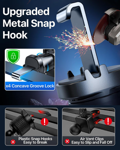 YRU Car Phone Holder [2025 Upgraded Metal Hook Clip], Phone Holders for Your Car [No Fear of Bumps] Air Vent Cellphone Mount Widely Compatible with iPhone16 15 14 13 12 Samsung Android, Grey