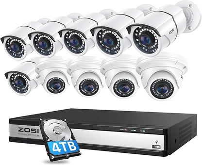 ZOSI 4K 16CH PoE Security Camera System with Hard Drive 4TB and 10pcs 5MP Outdoor Indoor PoE IP Surveillance Cameras,H.265+ 16 Channel 8MP CCTV NVR,120ft Night Vision,Remote Access,24/7 Recording